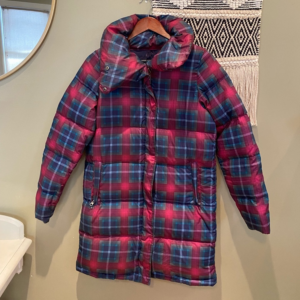 Burton Plaid Puffer Trench Coat in Red/Pink and Blue